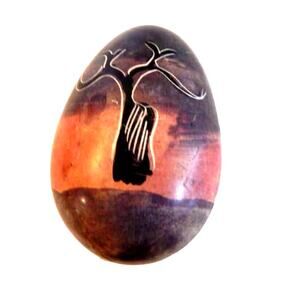 Hand Carved Vintage Soapstone Etched & Painted African Egg